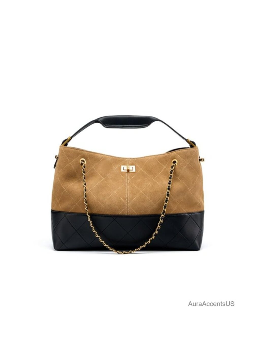 Quilted Leather Suede Large Work Tote Gold Chain Shoulder Bag